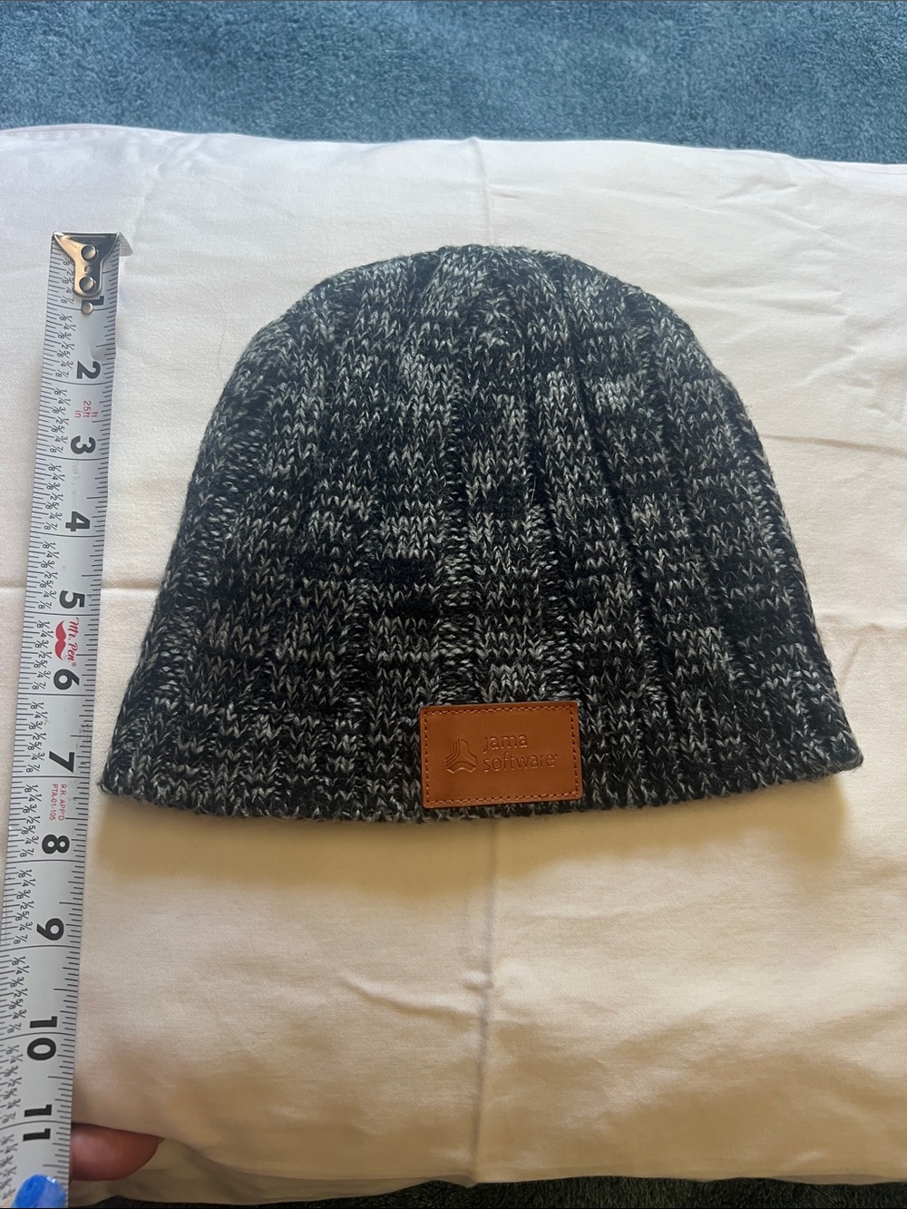 Soft Knit Beanie with Leather Patch - Black & Gray
